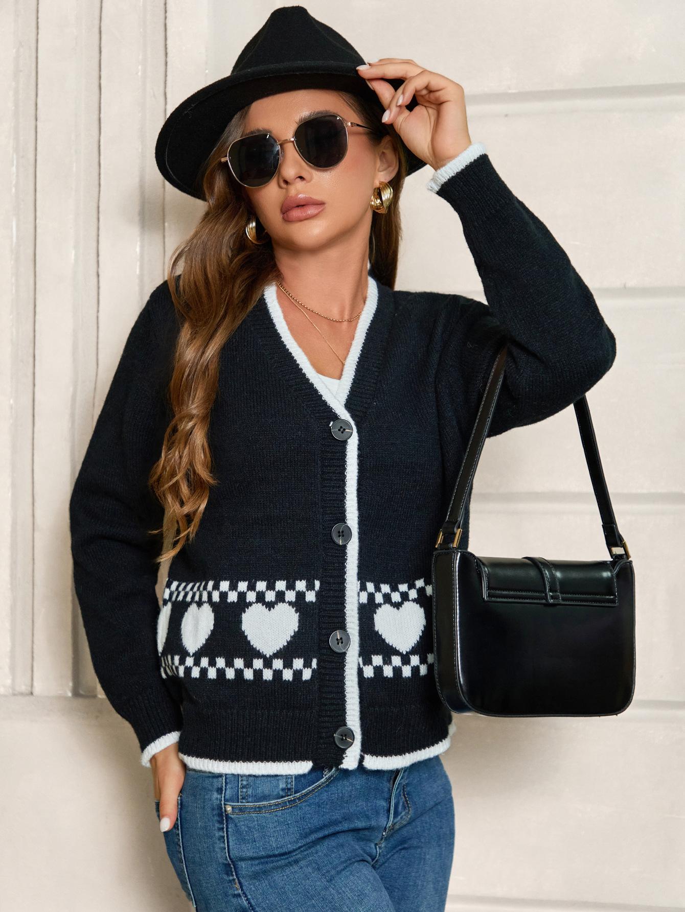 Suéter de mujer de comercio exterior transfronterizo europeo y americano moda borde blanco amor temperamento jacquard cárdigan con cuello en V chaqueta de punto casual