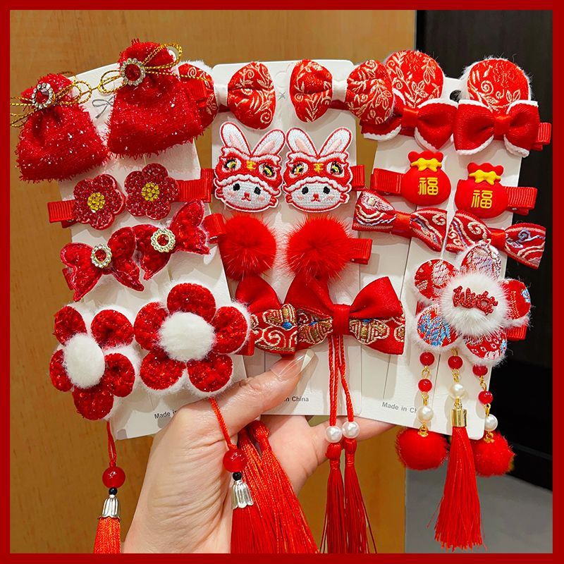 Estilo chino Año Nuevo tocado de Año Nuevo para Niños Accesorios para el cabello de peluche niña arco Año Nuevo horquilla bebé horquilla festiva