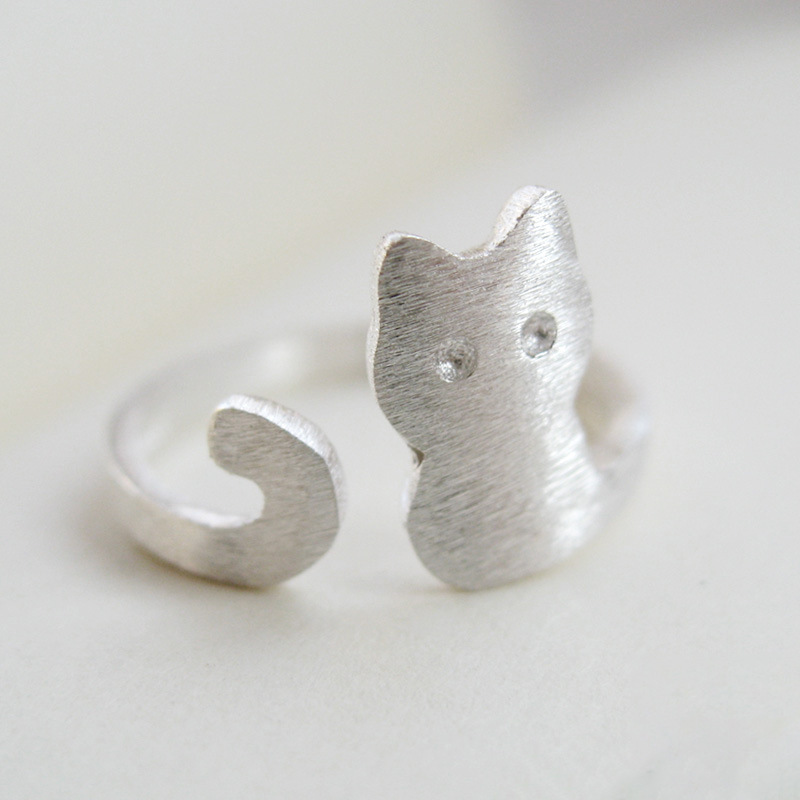Cute Kitten Plain Silver Ring Women's Wire-drawing Animal Jewelry Open Tail Ring Japanese Korean Style Simple Ring