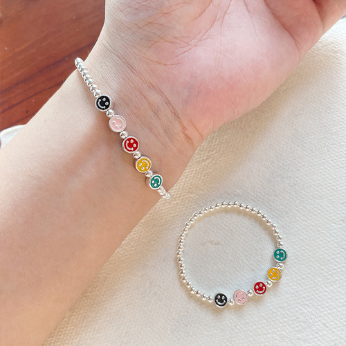 S925 Rainbow Children's Bracelet Korean Version Handmade Bead Rainbow Smiling Droplet Epoxy Five-Color Silver Bead New Model Parent-Child Bracelet