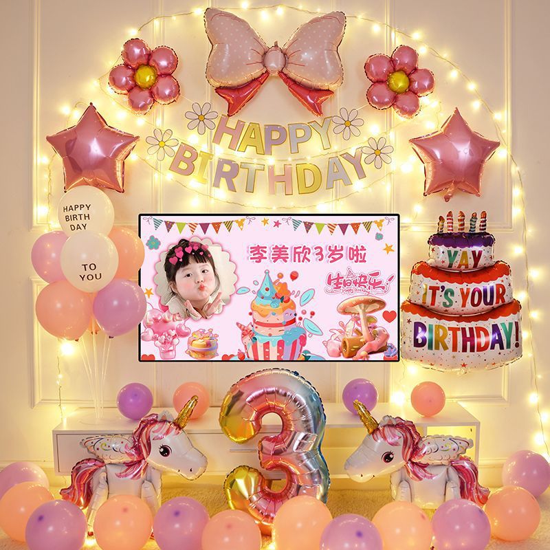 小公主电视投屏生日派对背景墙女孩宝宝儿童周岁气球装饰场景布置|undefined