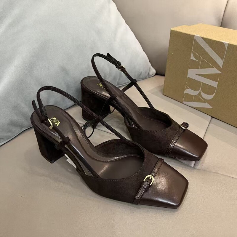 Za2025 Spanish Winter New Women's Shoes Brown Chunky High Heel Open-Back Square-Toe Mule Sandals Fashionable Versatile Style Za2025 Spanish Winter New Women's Shoes Brown Chunky High Heel Open-Back Square-Toe Mule Sandals Fashionable Versatile Style