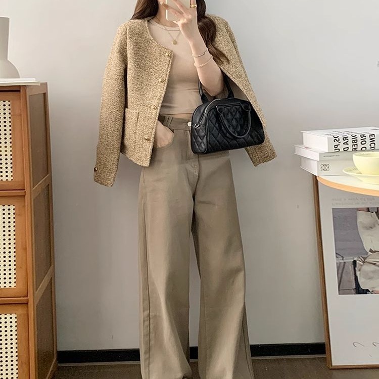 编织粗花呢小香风短外套女2025春秋高级感小个子圆领垫肩精致上衣|undefined