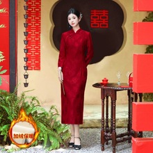 酒红加绒加厚冬装新中式长袖改良旗袍妈妈女新娘敬酒服回娘家旗袍
