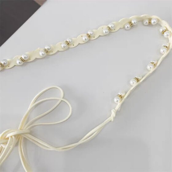 Pearl Rhinestone Waist Rope Women's Velvet Leather Belt Women's Decorative Thin Waist Chain All-Match Dress Layering apricot
