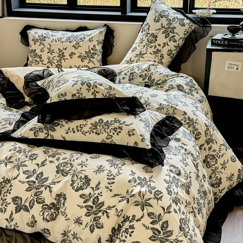 Nordic French Vintage Boho Vintage French Hepburn-style Pure Cotton Four-piece Set, All-cotton Lace Duvet Cover, Bed Fitted Sheet, Three-piece_voghion.com