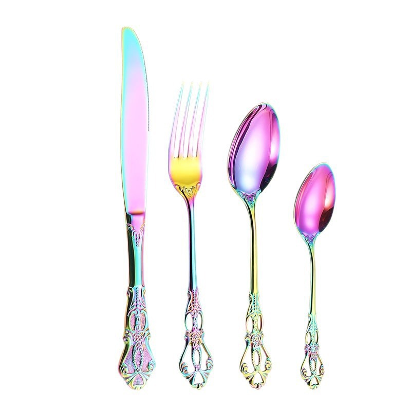 Vajilla de acero inoxidable de Amazon en relieve Royal Court 4 porciones hotel bistec cuchillo tenedor cuchara juego de regalo de 24 piezas