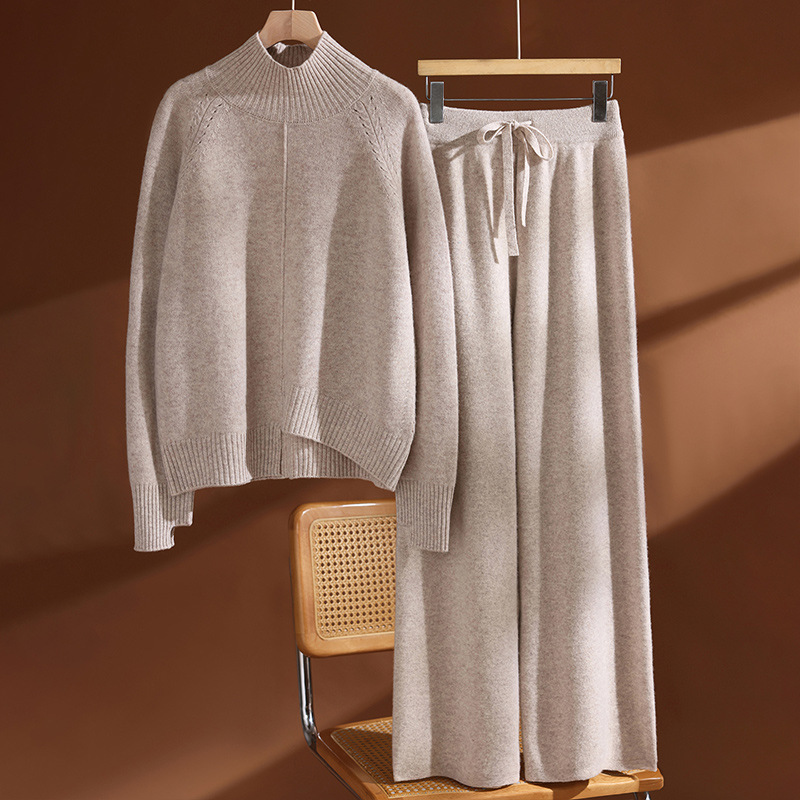 High-Neck 100% Pure Wool Sweater, Loose-Fitting Base Sweater for Women, New Autumn and Winter Straight-Leg Casual Wide-Leg Pants Two-Piece Set High-Neck 100% Pure Wool Sweater, Loose-Fitting Base Sweater for Women, New Autumn and Winter Straight-Leg Casual Wide-Leg Pants Two-Piece Set