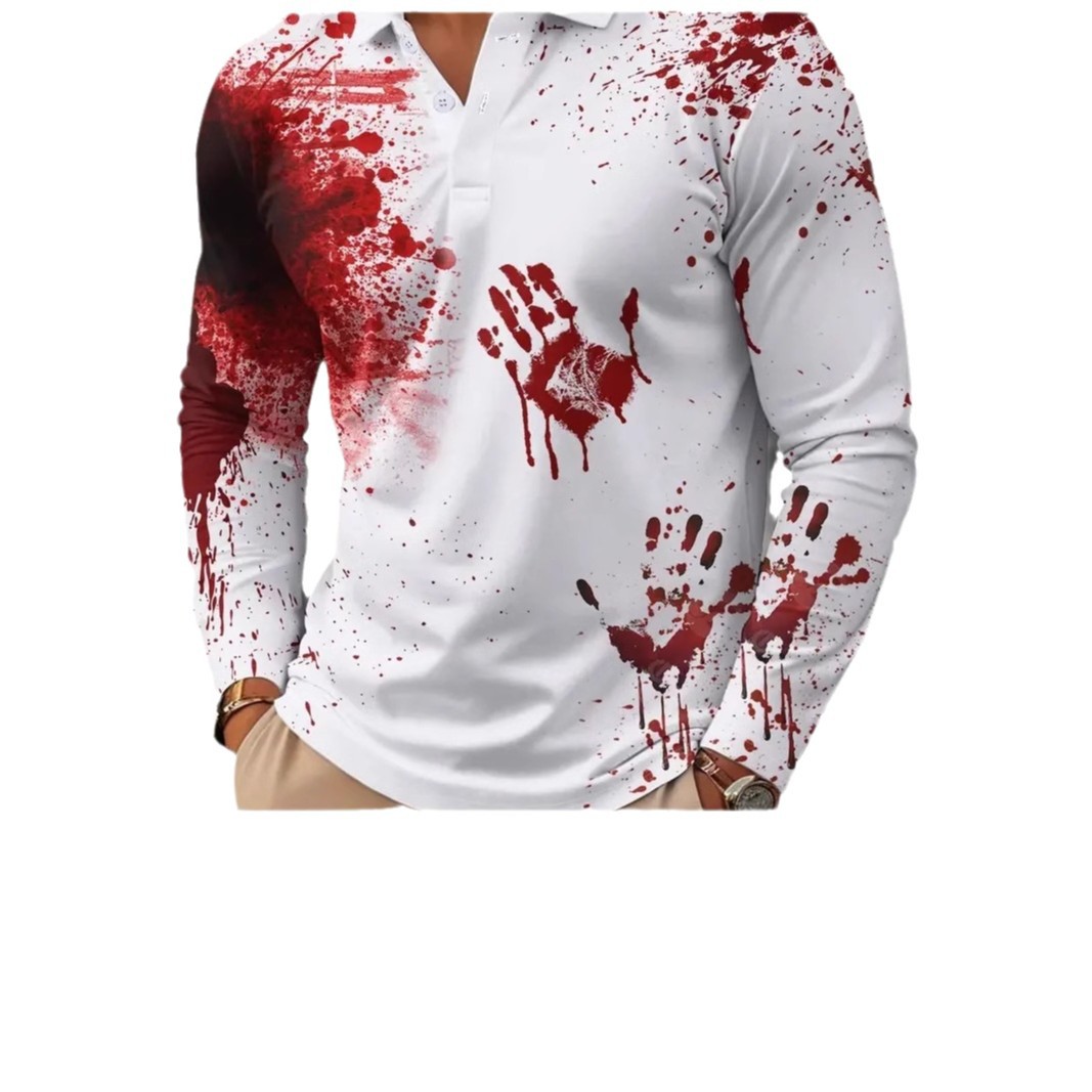 Divertido y divertido estampado de palma manchado de sangre impresión 3D personalidad de la calle de los hombres camisa POLO de manga larga transpirable de malla suelta