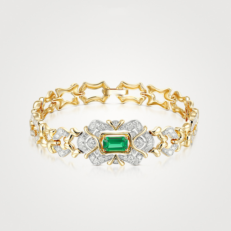 French retro luxury Emerald Group inlaid zircon high-end bracelet vintage antique architectural aesthetic bracelet