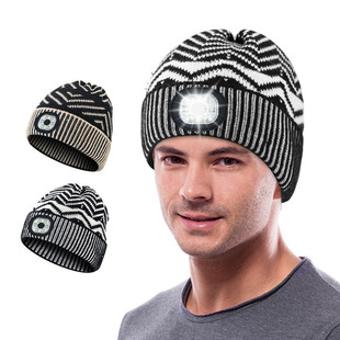 Amazon New Flanging Jacquard Led Lamp Cap Outdoor Night Run Car Repair Lighting Luminous Head Lamp Knitted Cap