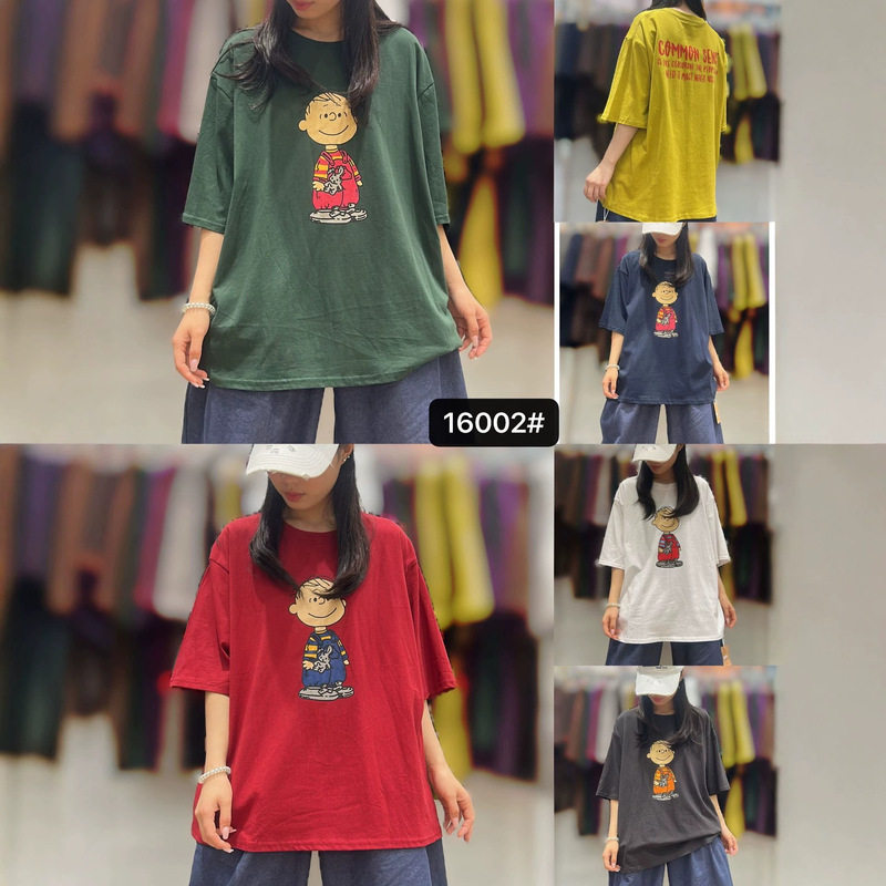 2026 Summer Korean-Style Snoopy Charlie Printed Short-Sleeve T-Shirt for Women, Lazy Style Round Neck Drop Shoulder Top, Special Price