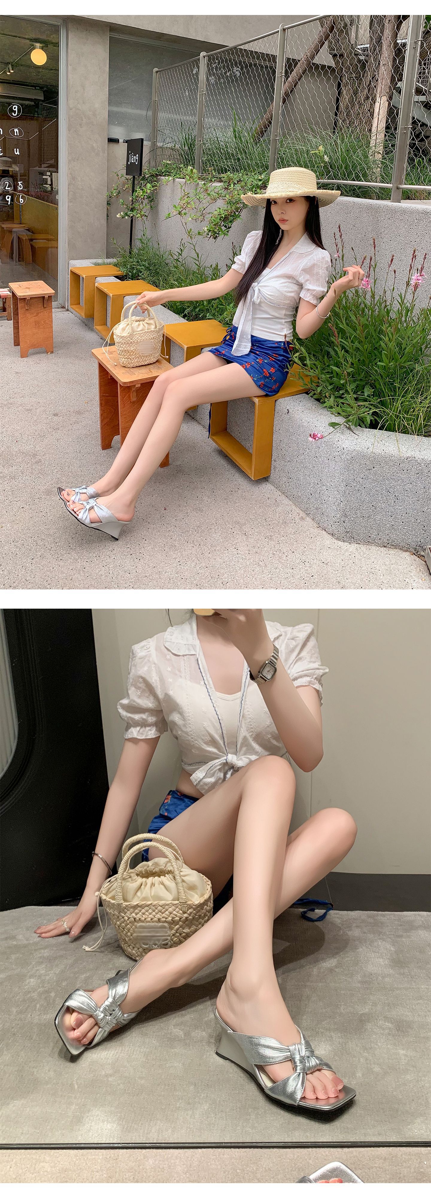Sandal cao gót nữ mũi vuông hở ngón đế xuồng quai chéo — màu vàng, màu trắng ngà, bạc chi tiết 10