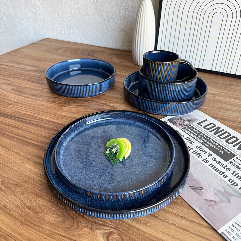 Ceramic Kiln-Glazed Blue Tableware, Western-Style Dinner Plate, Steak Plate Set, Household Daily-Use Plate, Salad Bowl, Kiln-Glazed Bowl and Plate Set with Slight Imperfections