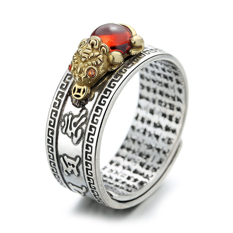 Vintage Thai Silver Garnet Pixiu Ring Adjustable Men Ring_voghion.com