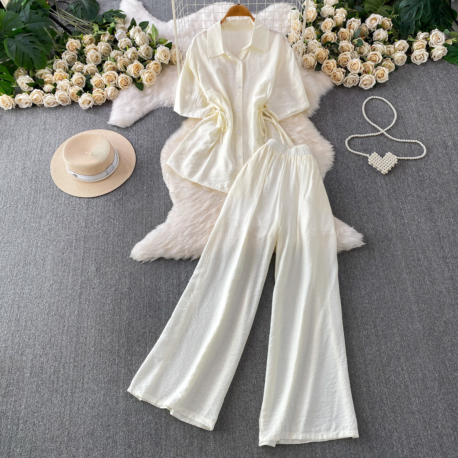 High-Waisted Slimming Collared Shirt with Side Ties And Wide Leg Trousers Women's Outfit Casual Style Set_ecoleips.com
