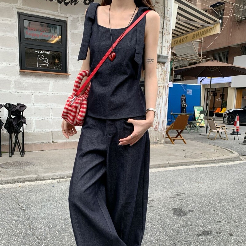 韩系新款设计感纯色绑带背心吊带上衣女夏季显瘦纯色裤长裤两件套|undefined
