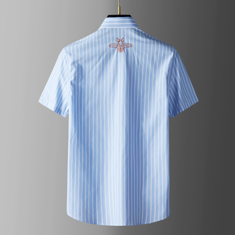 European and American fashion blue and white striped shirt cotton men's casual short sleeve back Bee embroidery slim fit shirt European and American fashion blue and white striped shirt cotton men's casual short sleeve back Bee embroidery slim fit shirt