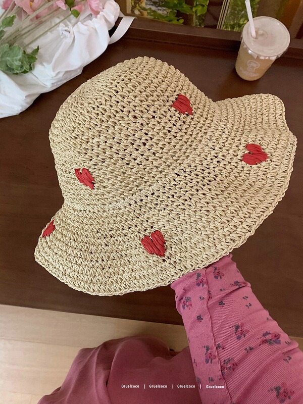 夏の桜麦わら帽子日本と韓国の新しいスタイルの植物と果物の大きなつばの日よけ帽子夏の屋外の甘くて多用途な麦わら帽子|undefined