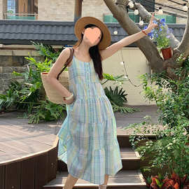 度假海边拍照长裙日系甜美小清新显瘦格子背心吊带连衣裙子女夏季