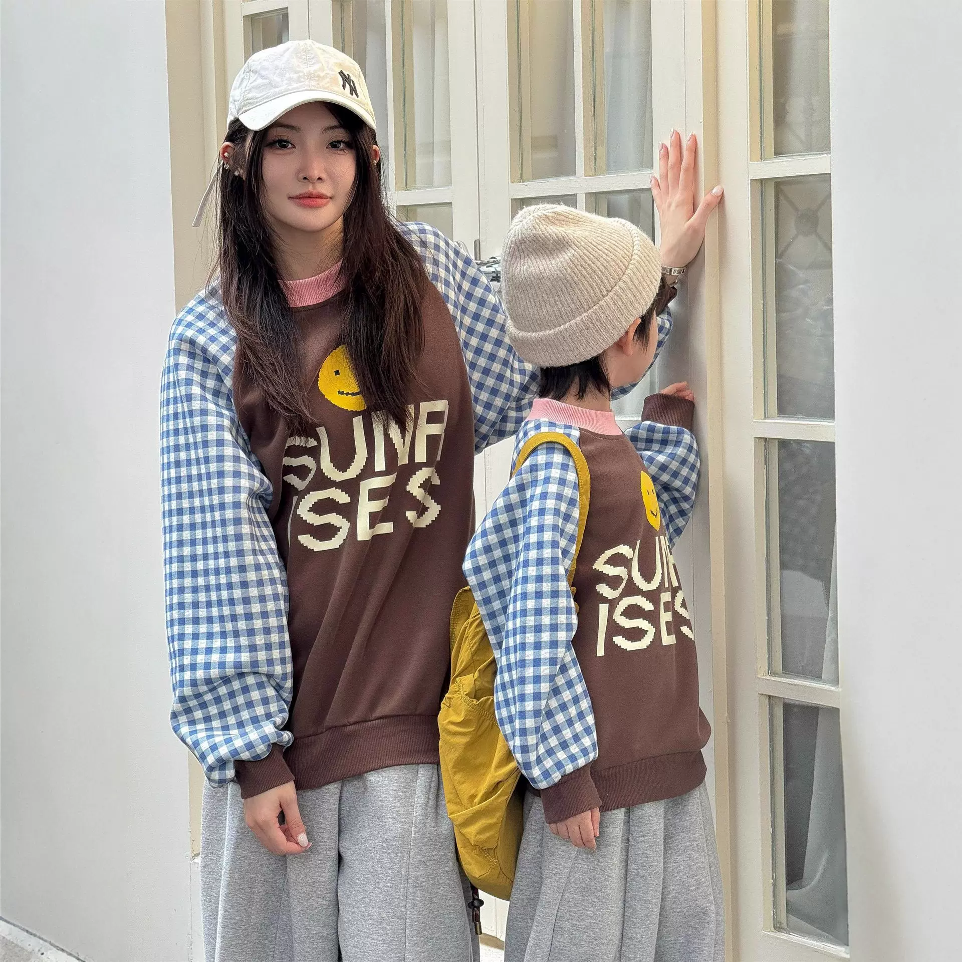 2025男童女童韩国亲子装格子笑脸亲子一家四口圆领卫衣儿童