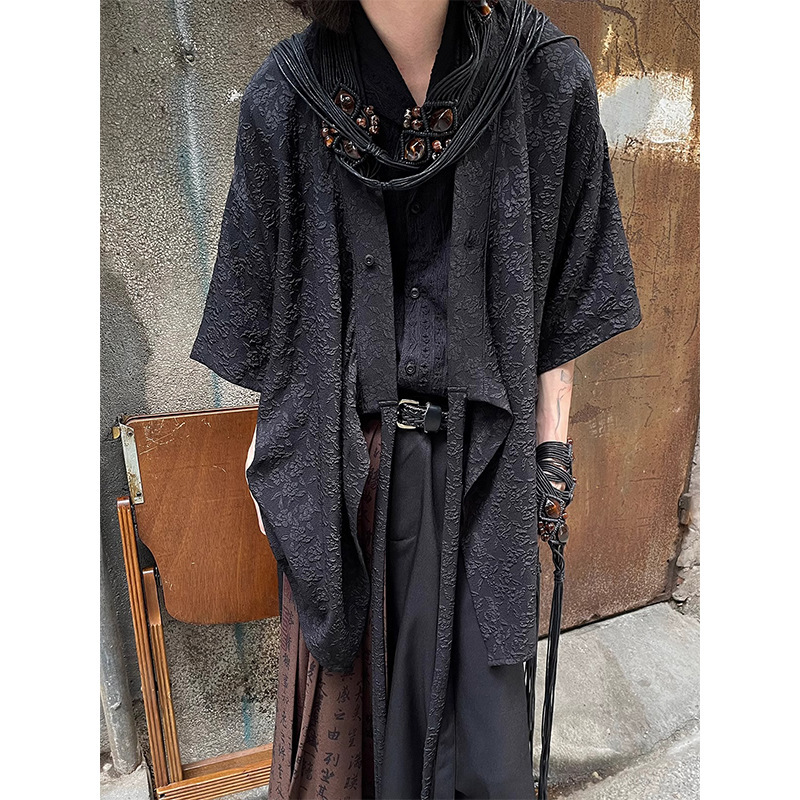 Retro Summer Ribbon Floral Embroider Yohji Yamamoto Style New Chinese Style Robe Short-Sleeved Shirt Jacket Same Style for Men and Women Retro Summer Ribbon Floral Embroider Yohji Yamamoto Style New Chinese Style Robe Short-Sleeved Shirt Jacket Same Style for Men and Women