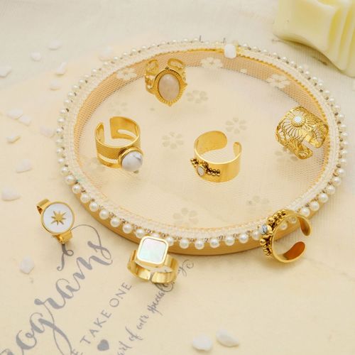 Natural stone ring for women, shell, star, titanium steel, gold-plated, non-fading, adjustable open ring, European and American combination hand jewelry