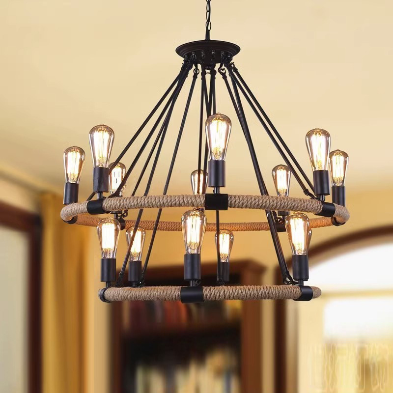 Estilo industrial retro americano loft sala de estar comedor cafetería olla caliente tienda de ropa araña de cuerda de cáñamo de hierro forjado redondo