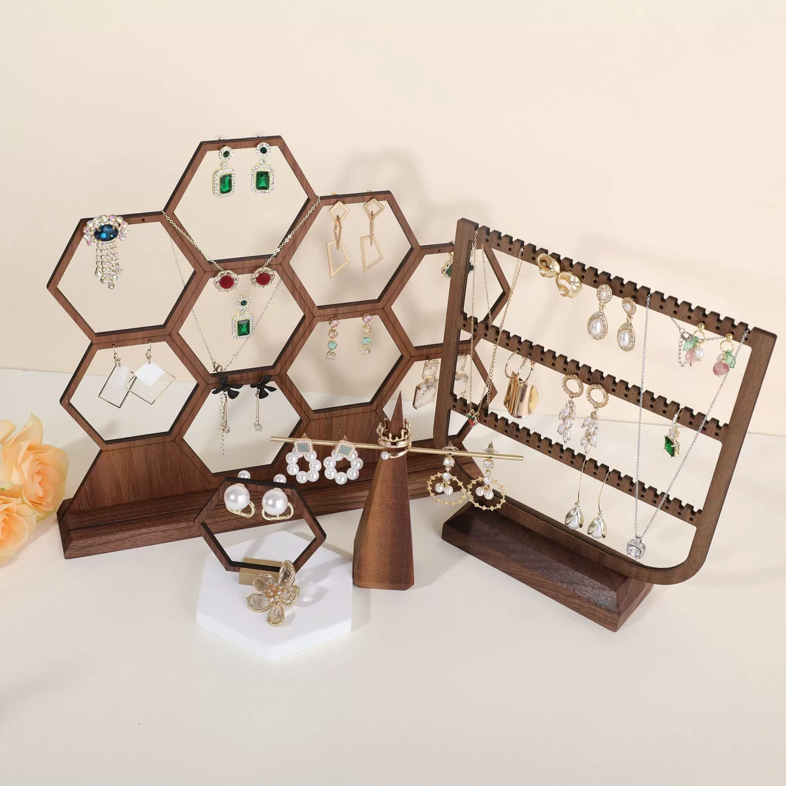 Многослойная деревянная подставка для украшения украшения подставка для украшения ожерелье подставка для шестиугольного кольца для ушей держатель из массива дерева