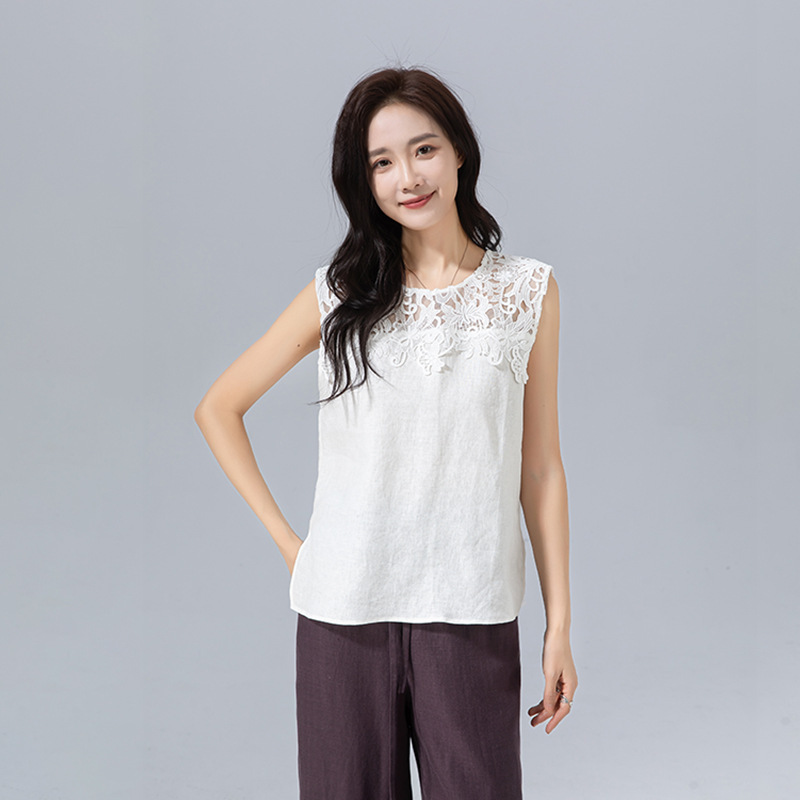 Xinge Sleeveless Vest Women's 2025 Summer New White Base Lace Stitching Linen Loose Women's Top