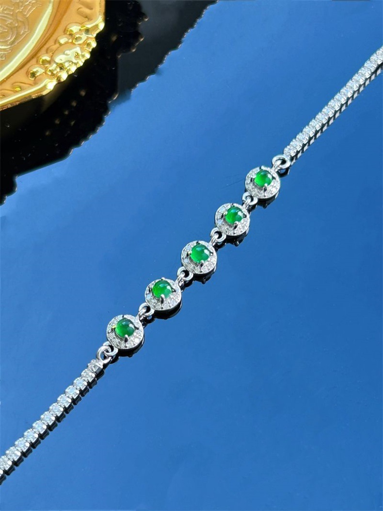 Vòng tay ngọc bích tự nhiên băng mặt trời 925 bạc dát mặt trứng bầu khóa an toàn chi tiết 8