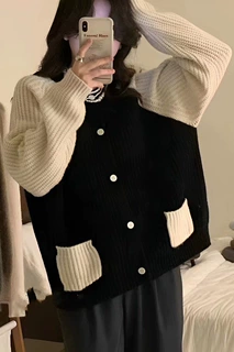 学院风拼色长袖圆领针织开衫女秋冬新款宽松百搭软糯气质毛衣外套