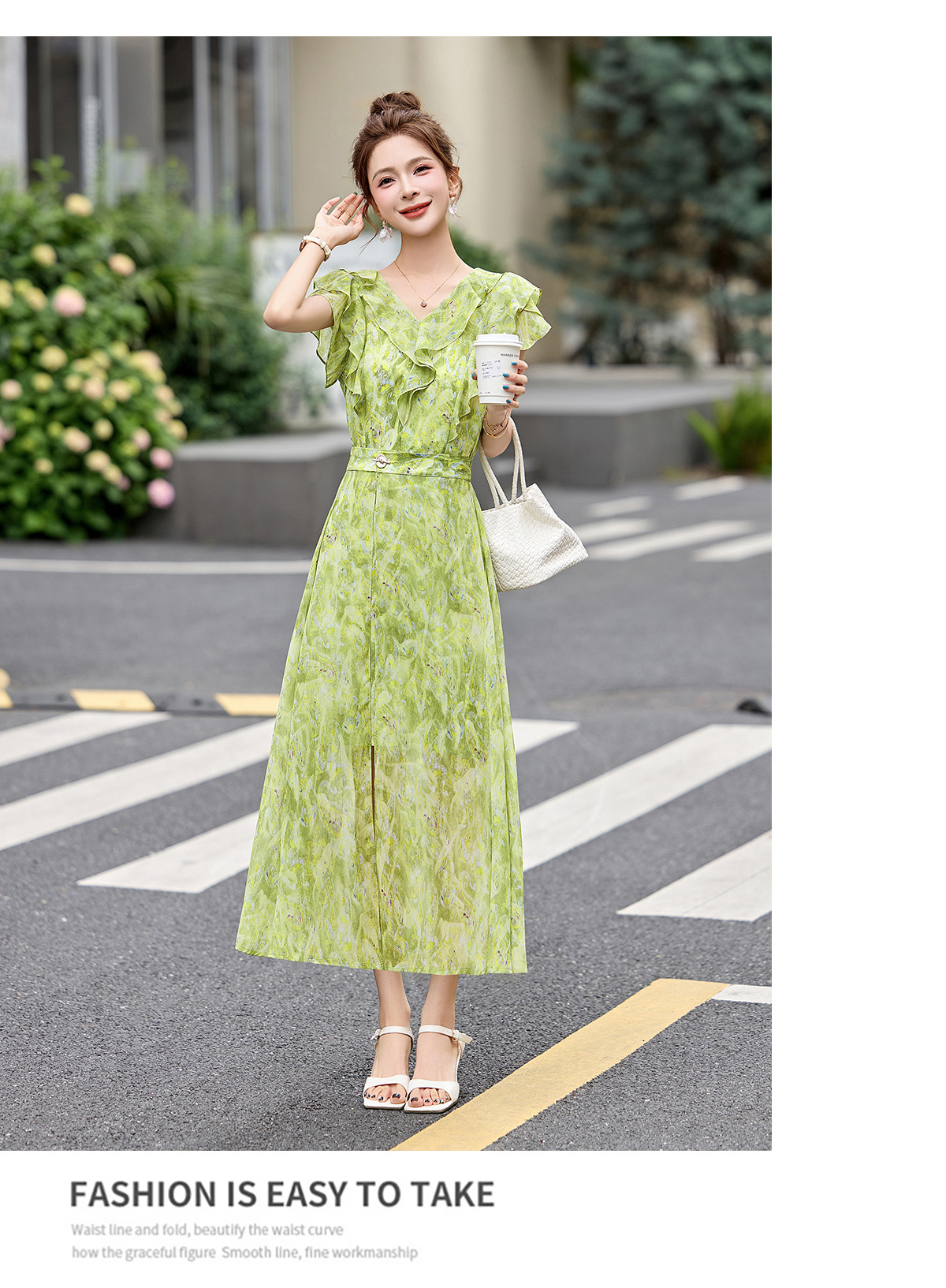 Đầm maxi nữ thắt eo cổ V in họa tiết hoa dáng dài — Hoa xanh lá cây, Hoa xám chi tiết 12