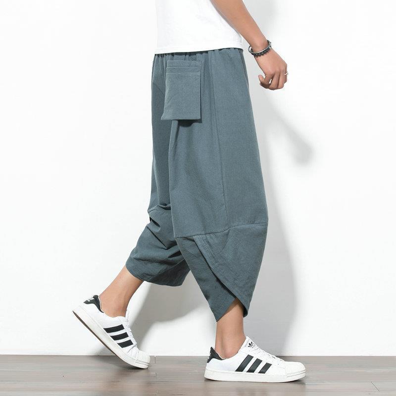 Pantalones de hombre de estilo chino, pantalones recortados de lino de verano, pantalones de zanahoria gordos de algodón y lino sueltos de gran tamaño, pantalones cortos de hip-hop, tendencia