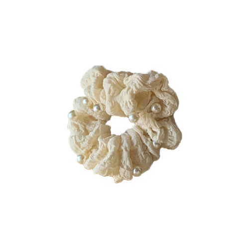 Pleated seersucker cream pearl large intestine ring female ins new French high-end sense hair ring girl daily hair accessories
