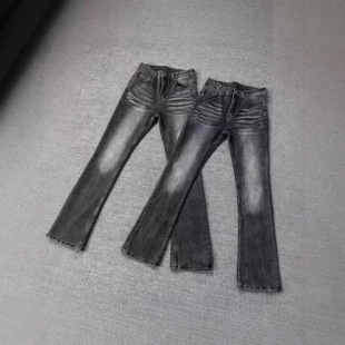 American-style cleanfit high-end distressed black and gray pattern jeans boys washed vintage micro-scallop trousers