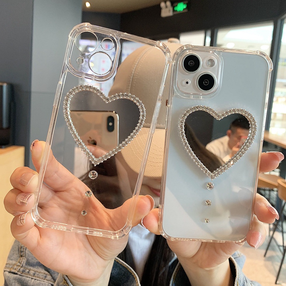 水钻爱心带镜子透明适用iPhone17promax苹果16pro手机壳15p潮新批