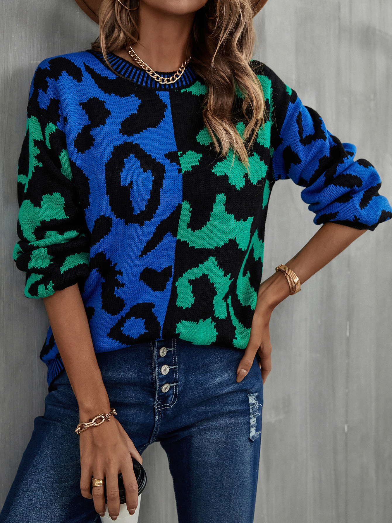 Suéter de Moda Primavera 2025, Estilo Europeo y Americano, Popular, con Estampado de Leopardo, Patchwork, Tejido Mixto
