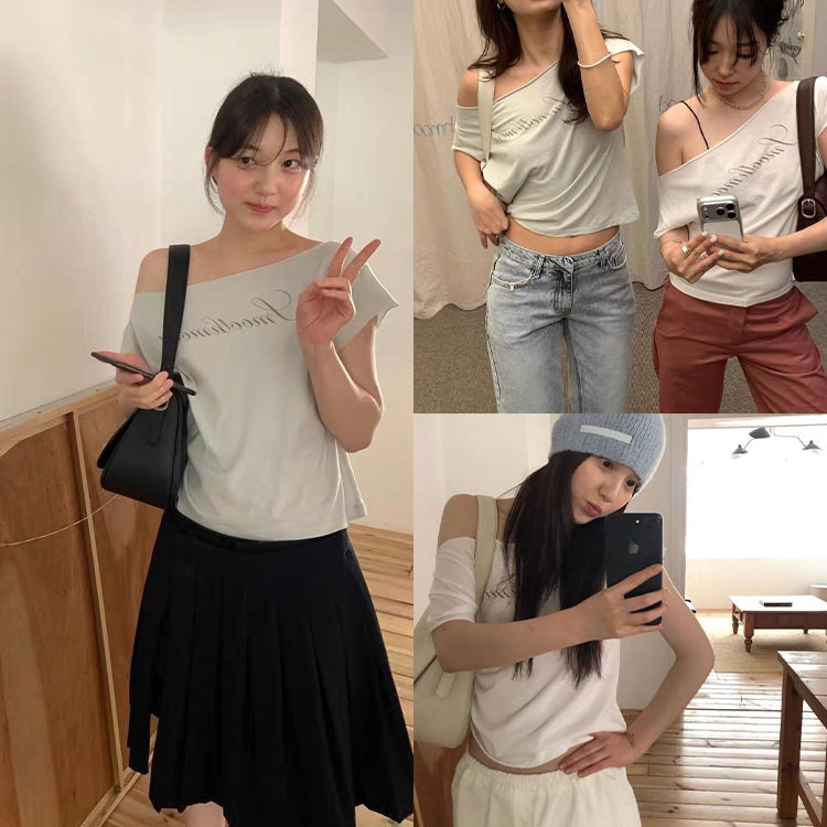 Fan Sun·Xh Korean Style Lee Kum Ho Same Style One-Shoulder Letter T-Shirt Dongdaemun Summer New Slim-Fit Short-Sleeve Top Fan Sun·Xh Korean Style Lee Kum Ho Same Style One-Shoulder Letter T-Shirt Dongdaemun Summer New Slim-Fit Short-Sleeve Top