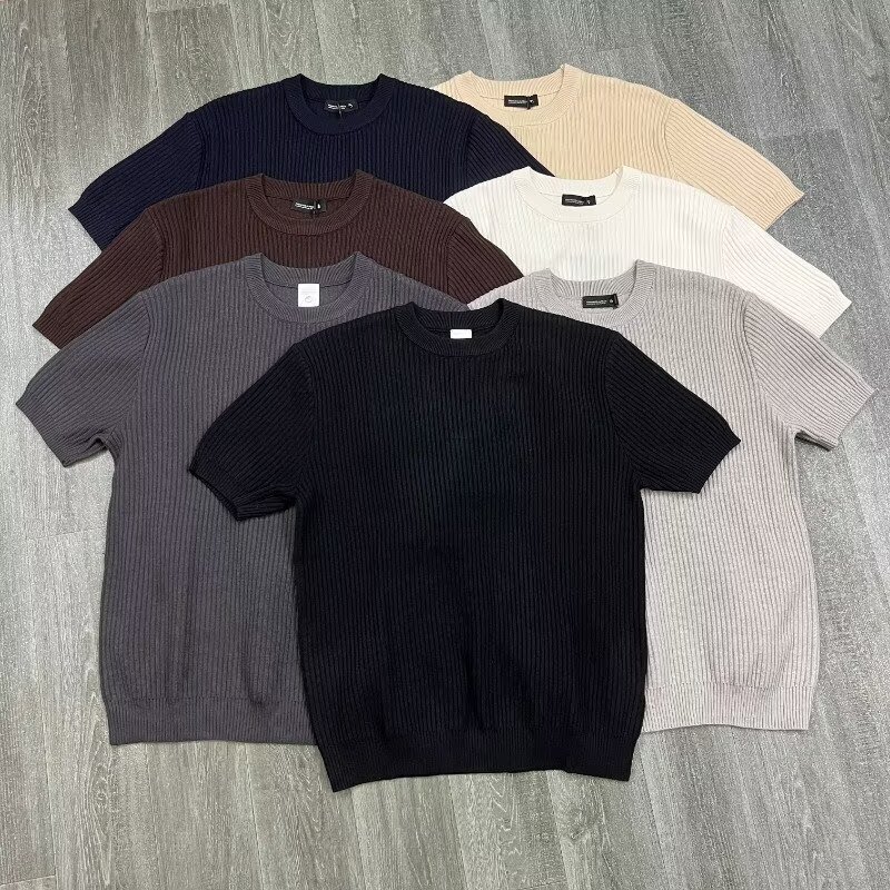Old Money Style Straight Shoulder Knit Short-Sleeve Unisex Summer Solid Color Small Neckline T-Shirt American Retro Boxy Half-Sleeve Old Money Style Straight Shoulder Knit Short-Sleeve Unisex Summer Solid Color Small Neckline T-Shirt American Retro Boxy Half-Sleeve