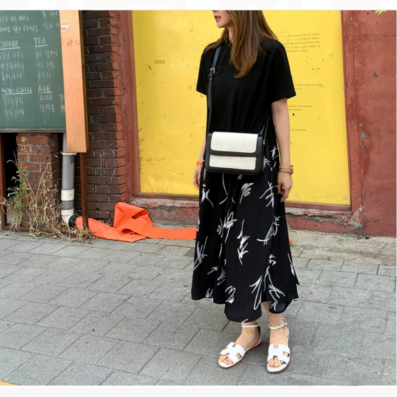 Европейская и американская внешняя торговля сума женская толстая миллиметровая свободная тонкая рубашка с принтом платье поддельные две длинные юбки DRESS