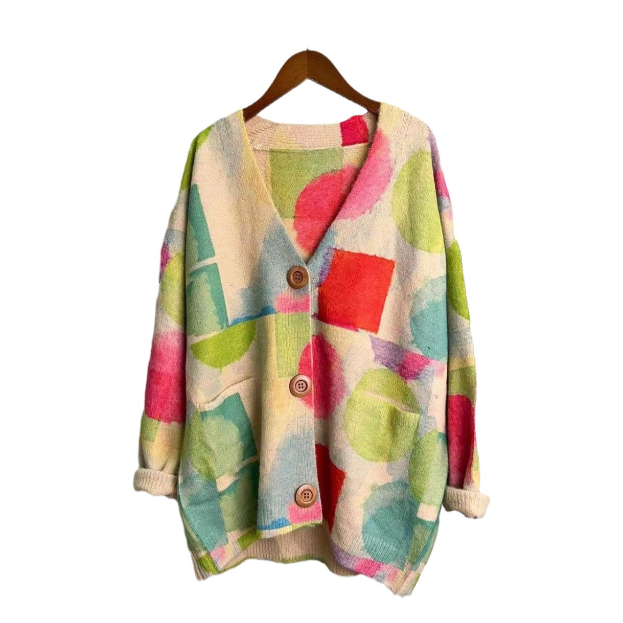 Printed Colorful Mink Velvet 2025 Autumn and Winter New Classy Loose Knitted Cardigan V-Neck Sweater for Women Factory Direct Sales