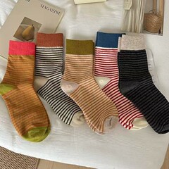 女性用靴下、春、秋、冬、韓国版、東大門、コントラストカラー、ストライプソックス、レディースソックス、カジュアルミッドカーフソックス
