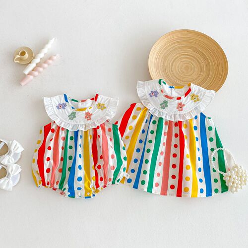 Baby Girl Polka Dot Blouse Skirt 2025 Summer Embroidered Bear Dress Trendy Infant Striped Diaper Cover