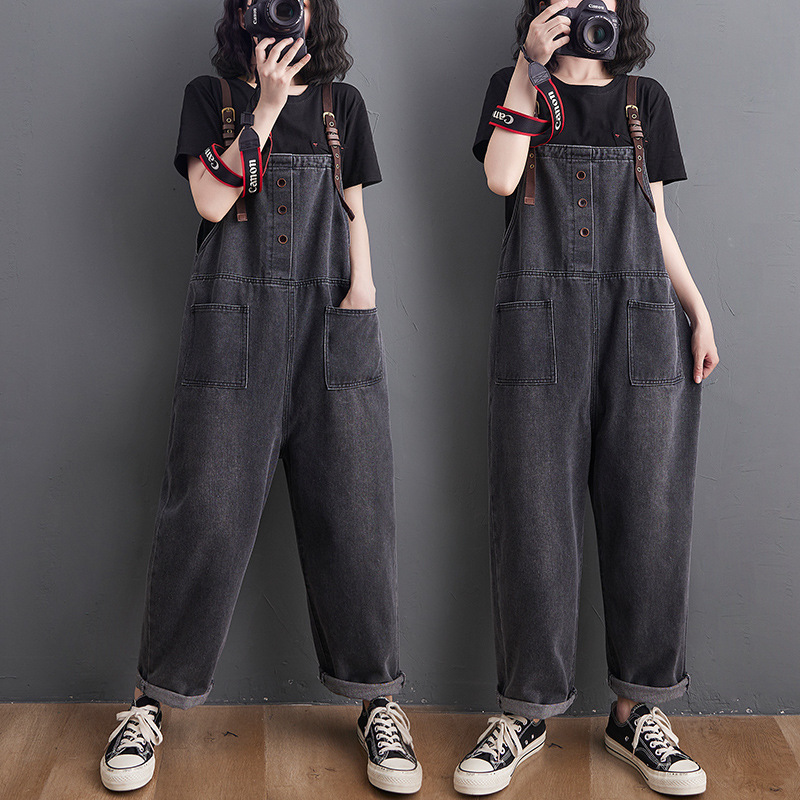 2021 New Arrival Spring and Summer Artistic Large Size Slimming Denim Suspender Pants Loose Retro Leather Adjustable Shoulder Pants for Chubby Girls