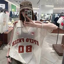 美式翻领字母镂空针织短袖T恤女夏季设计感宽松休闲网洞罩衫上衣