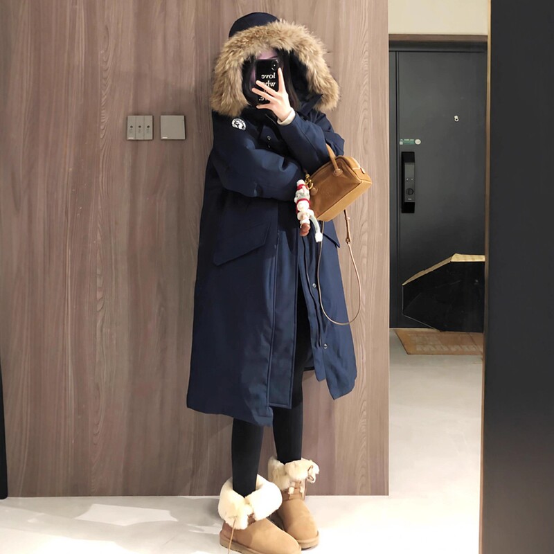 Long Over-The-Knee Parka with Large Fur Collar for Women, 2026 Winter New Korean Style Loose Thickened down Cotton Coat Jacket