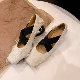 羊皮版~新中式方头交叉绑带芭蕾鞋女粗跟玛丽珍鞋浅口中跟单鞋子