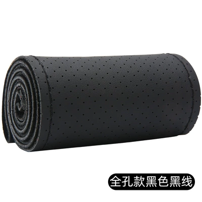 Steering wheel cover – handmade leather cover non-slip sewing - full-hole-style-black-black-line-38cm