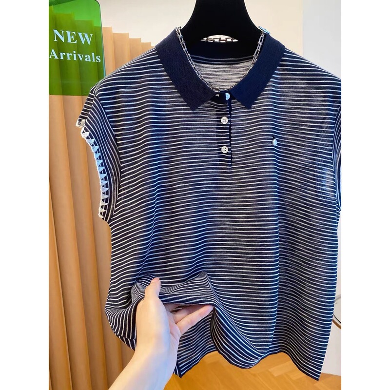 【胖妹妹】POLO领条纹小飞袖t恤女夏季高级感别致休闲百搭上衣服|undefined